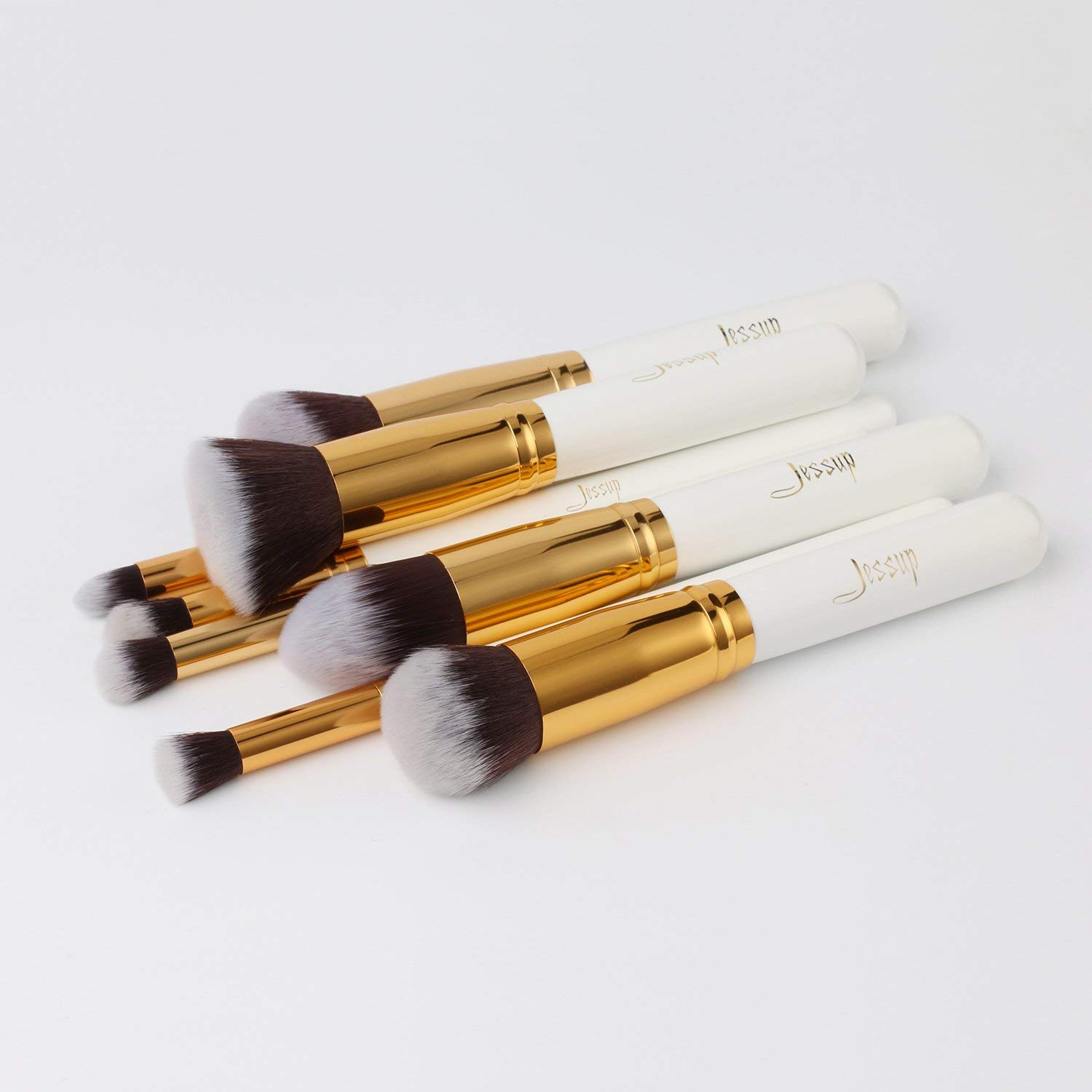 مجموعة فرش المكياج الاحترافية من جيسيب، 8 قطع من فرش المكياج الأبيض/الذهبي، مع حقيبة